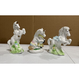 Unicorn Figurines White Ceramic & Boy Hugging Unicorn Gold Horn Lot of 3 Mythica